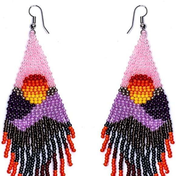 Long Abstract Sunset Scenery Beaded Earrings Pink Purple Orange Black Seed Beads - Picture 7 of 10